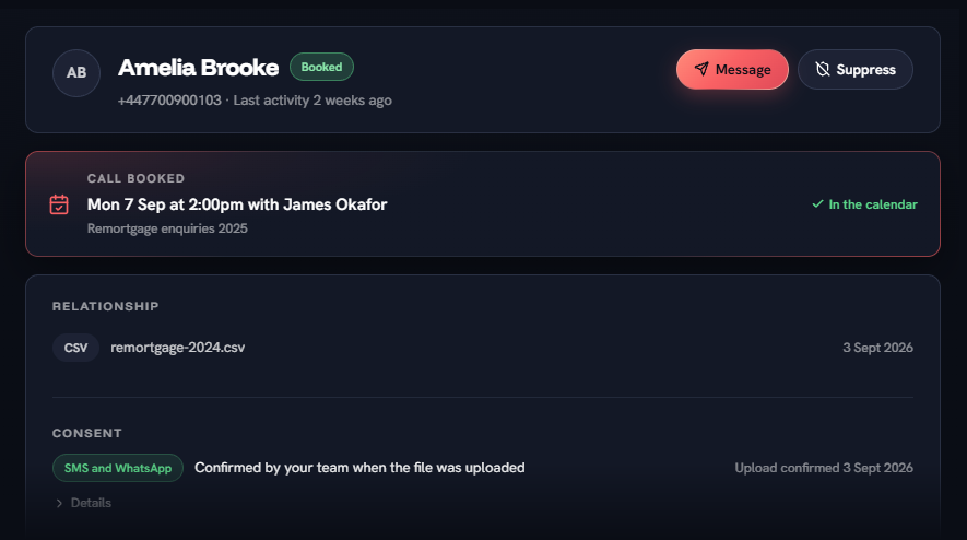 Amelia Brooke's record in Xcho: booked, her call on Mon 7 Sep at 2pm with James Okafor marked as in the calendar, where she came from (remortgage-2024.csv) and the SMS and WhatsApp consent your team confirmed when the file was uploaded.